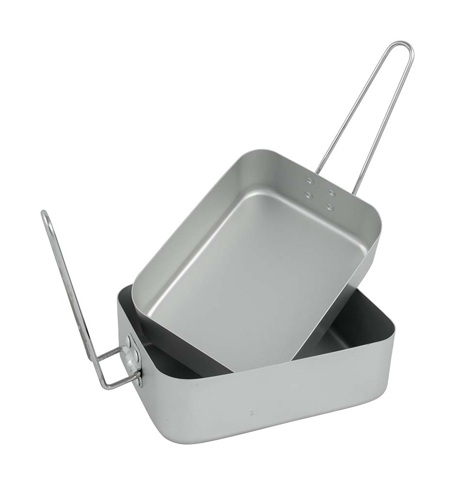 2200230 A 2 part cookware set with rectangular pans. Both pans have a steel folding handle that is easy to fold. The pans are nestable and therefore compact to store. Dimensions (lxwxh): 19x14,5x6 en 17,5x13x6 cm. Dimensions nestled (lxwxh): 19x14,5x7 cm. Contents: 0.9 and 1.5 litre.