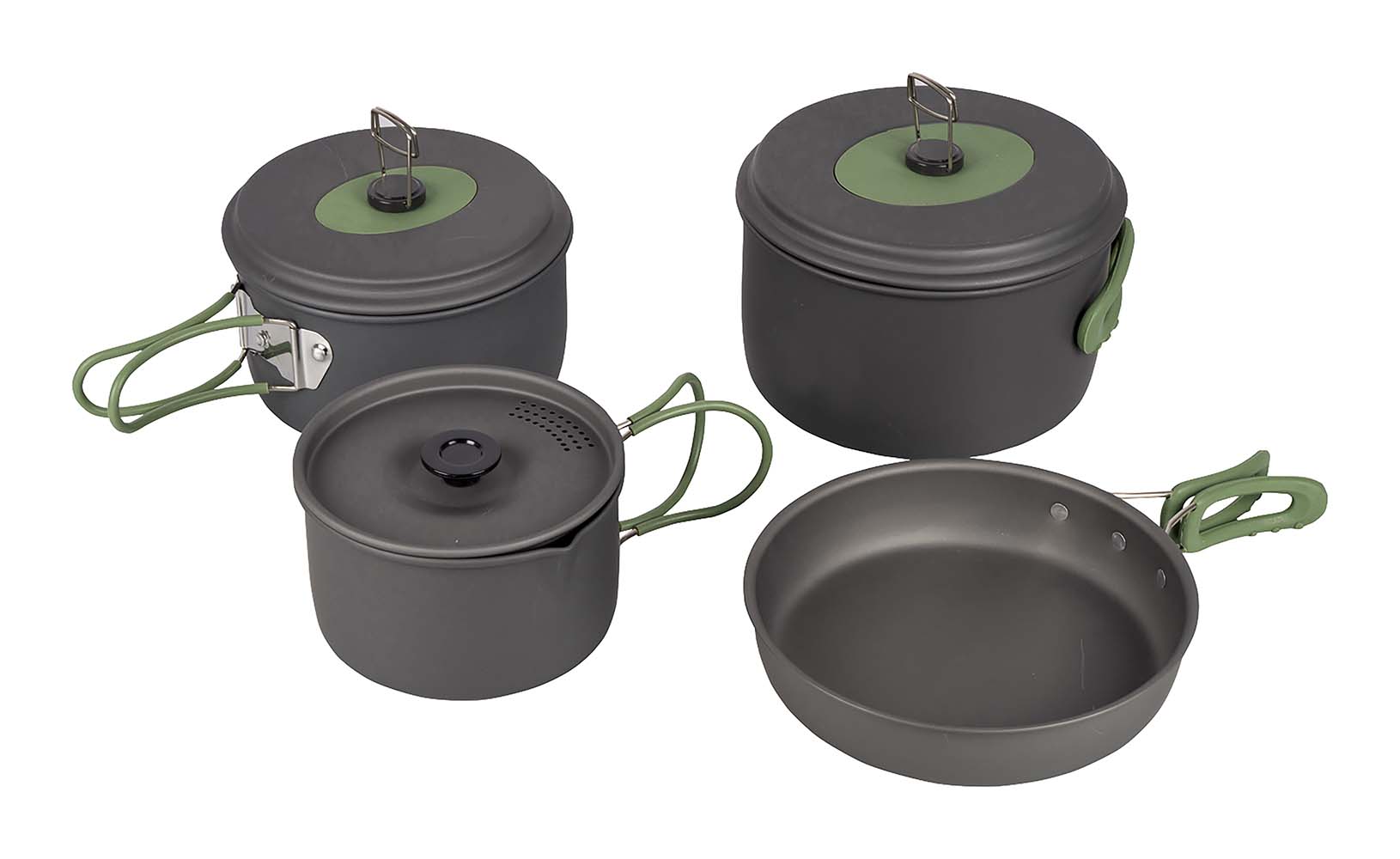 2200241 Complete 4-part light weight cookware set. This pan set consists of 3 sauce pans with a lid and a saucepan. Perfectly suitable for outdoor use. Suitable for gas and gasoline burners. Made of sturdy anodized aluminium causing a reduced risk of burning. Every pan has a heat-resistant silicone folding handle. These handles can be easily folded around the pan so that the pans are compact to store and transport. Including lining Dimensions of cooking pans (Øxh): 13.5x7.5, 15.5x8.5 and 17.5x10.5 cm. Dimensions of cooking pan (Øxh): 18x4.5 cm. Dimensions nested (Øxh): 19x11.5 cm. Contents: 1, 1.4 and 2.2 litres.