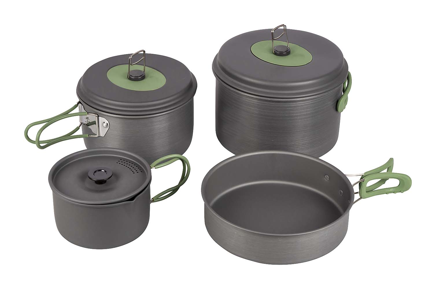 2200244 A complete 4-piece lightweight cookware set. This pan set consists of 3 saucepans with a lid and one frying pan. Ideally suited for outdoor use. Suitable for gas and gasoline burners. Made of a robust and hard anodised aluminium, which means there is a reduced chance of food getting burnt. Each pan has a heat-resistant folding silicone handle. These handles can be easily folded around the pan after use so that the pans can be compactly stored and transported. Comes with a cover.