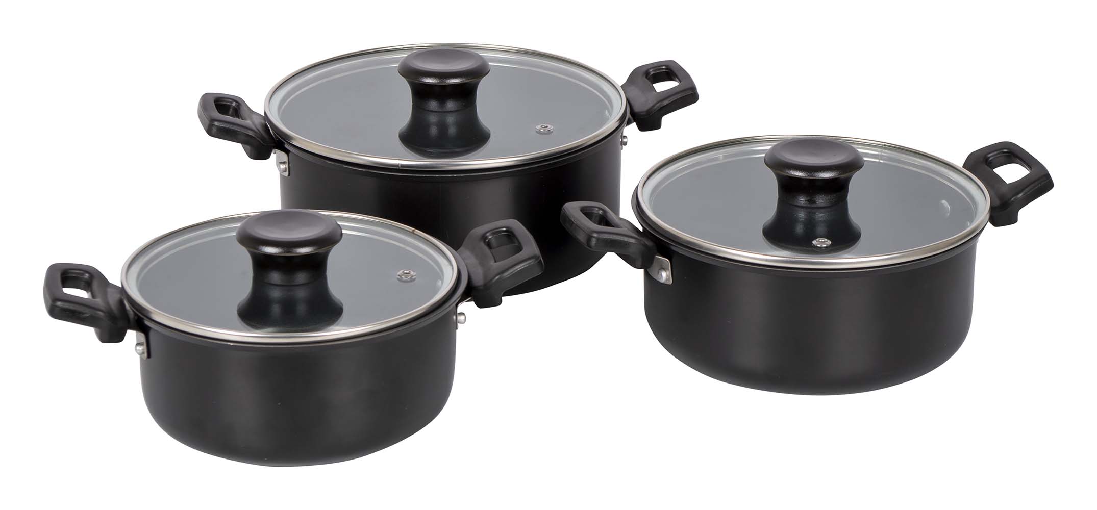 2300310 A luxurious and stylish 3-piece cookware set. Consisting of 3 cooking pans made of strong carbon steel. In addition, each pan is equipped with heat-resistant handles, a non-stick coating and a glass lid. Suitable for heat sources gas, ceramic and electric. Dimensions (Øxh): 18x7,5, 19,5x8 and 21x10 cm. Contents: 1, 1.25 and 2.5 liters.