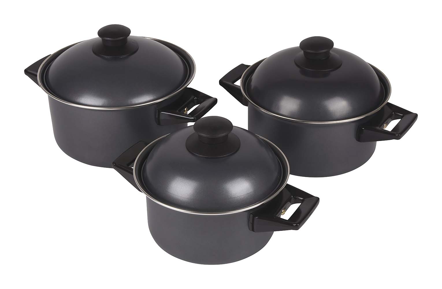 2300320 A sturdy 3-part cookware set. These cooking pans are made from sturdy carbon steel. Every pan is also equipped with heat-resistant handles, a non-stick layer and a lid. Can be used on gas, ceramic and electrical heat sources. Dimensions (Øxh): 20x10, 18x9 and 16x8.5 cm. Contents: 1,7, 2,3 and 3.1 litres.