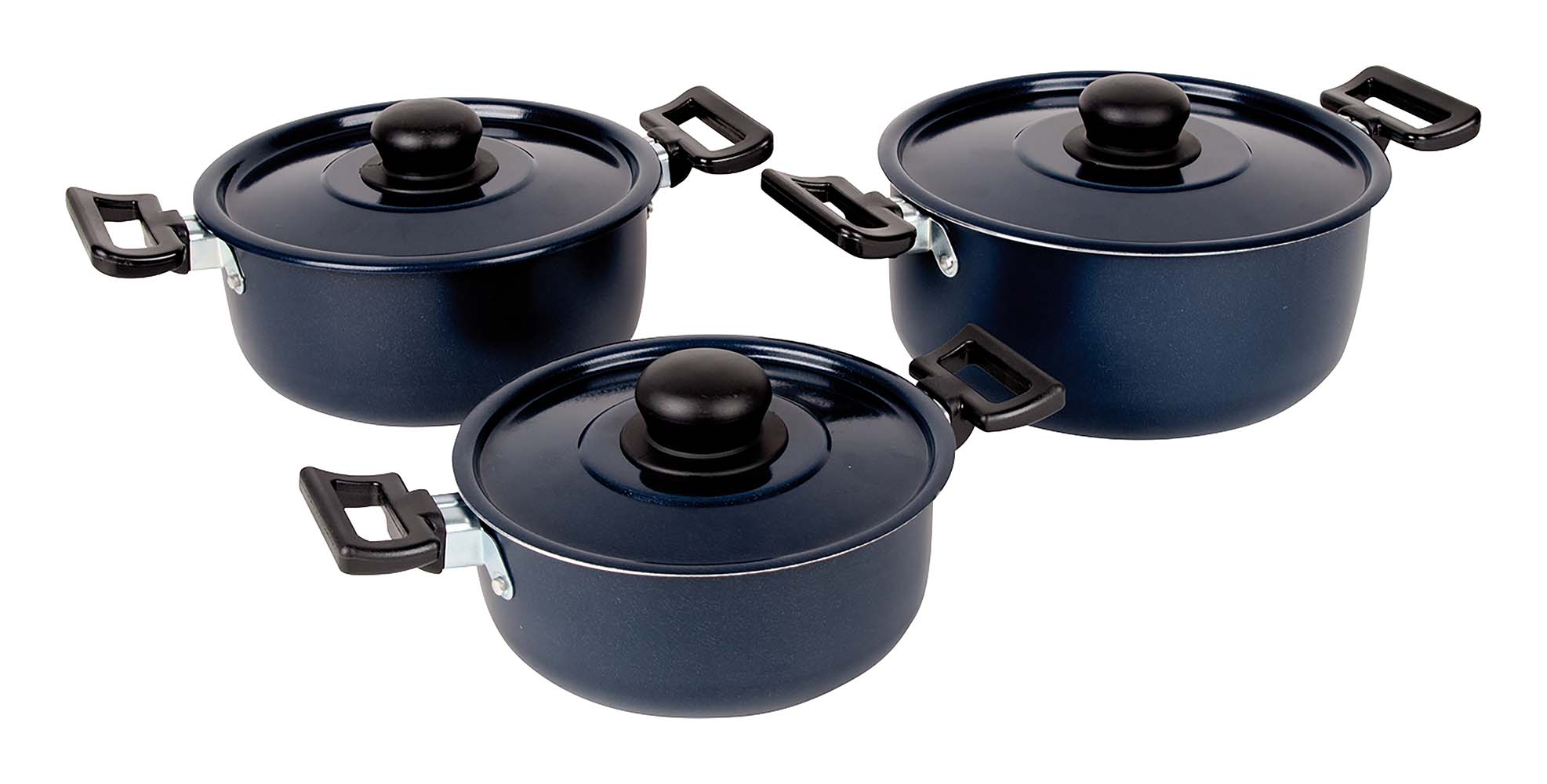 2300342 A 3 piece cookware set. These cooking pans are made from lightweight aluminium. Every pan is also equipped with comfortable and heat-resistant handles, a non-stick layer and a lid. Can be used on gas. Dimensions (Øxh): 20x9.5, 18x8.5 and 16x7.5 cm. Contents: 1,4, 2 and 2.8 litres.