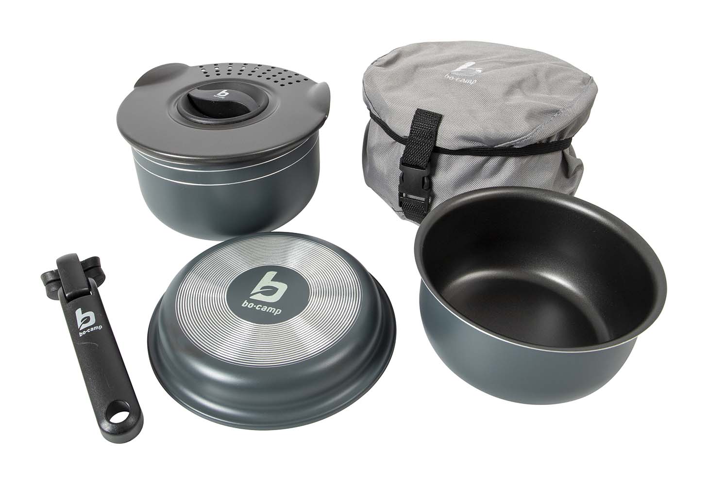 2300351 A stylish and extremely compact 5 part cookware set. This complete lightweight set consists of 2 saucepans, 1 frying pans, a draining lid and pot handle. These pans have a powder coating outside and a non-stick coating on the inside. Can be used on gas, ceramic and electrical heat sources. All parts are stored very compact in the luxury protective case. Dimensions of cooking pans (Øxh): 16x9 and 14x7 cm. Dimensions of cooking pan (Øxh): 16x3 cm. Dimensions nested (Øxh): 18x11 cm. Contents: 1.1 and 1.7 litre.