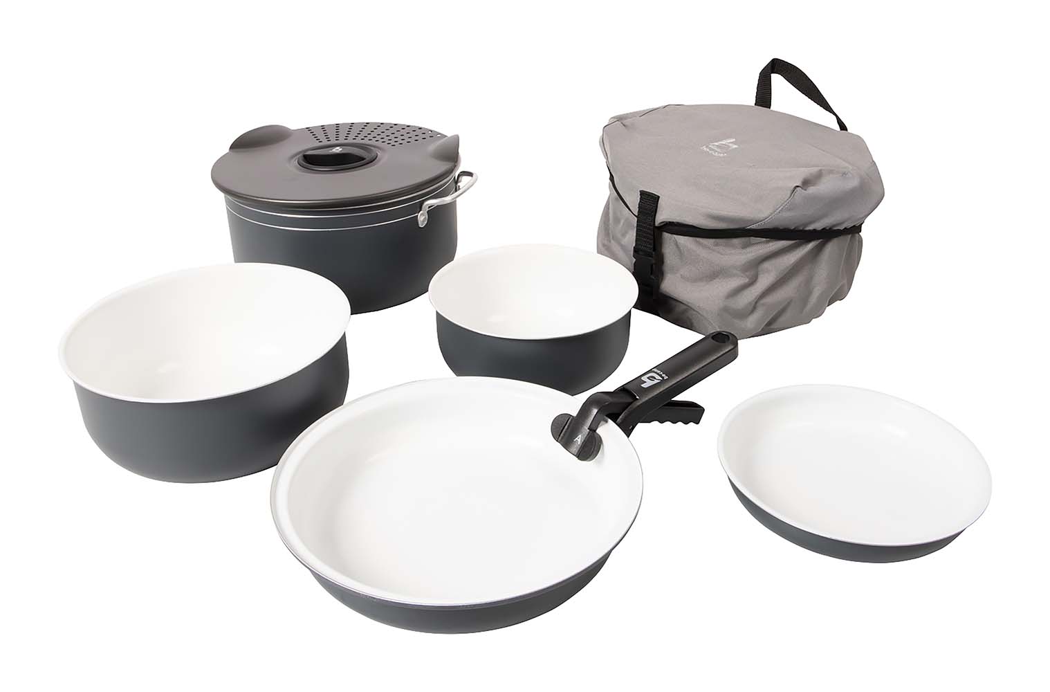 2300392 A complete and very compact 7-piece cookware set. All pans from this set have a powder coating on the outside and a durable ceramic coating on the inside. Due to the use of aluminium, this pan set weighs very little. These aluminium pans can be used on the following heat sources; gas, ceramic and electric. This pan set consists of 3 saucepans, 2 frying pans, a straining lid and a pan handle. The supplied protective cover ensures that the entire set can be compactly stored. Dimensions of saucepans (Øxh): 23x12, 21x8 and 17x7 cm. Dimensions of frying pans (Øxh): 24x4.5 and 18.5x3 cm. Dimensions nested (Øxh): 24x16 cm. Content: 1.4, 2.5 and 4.4 litres.