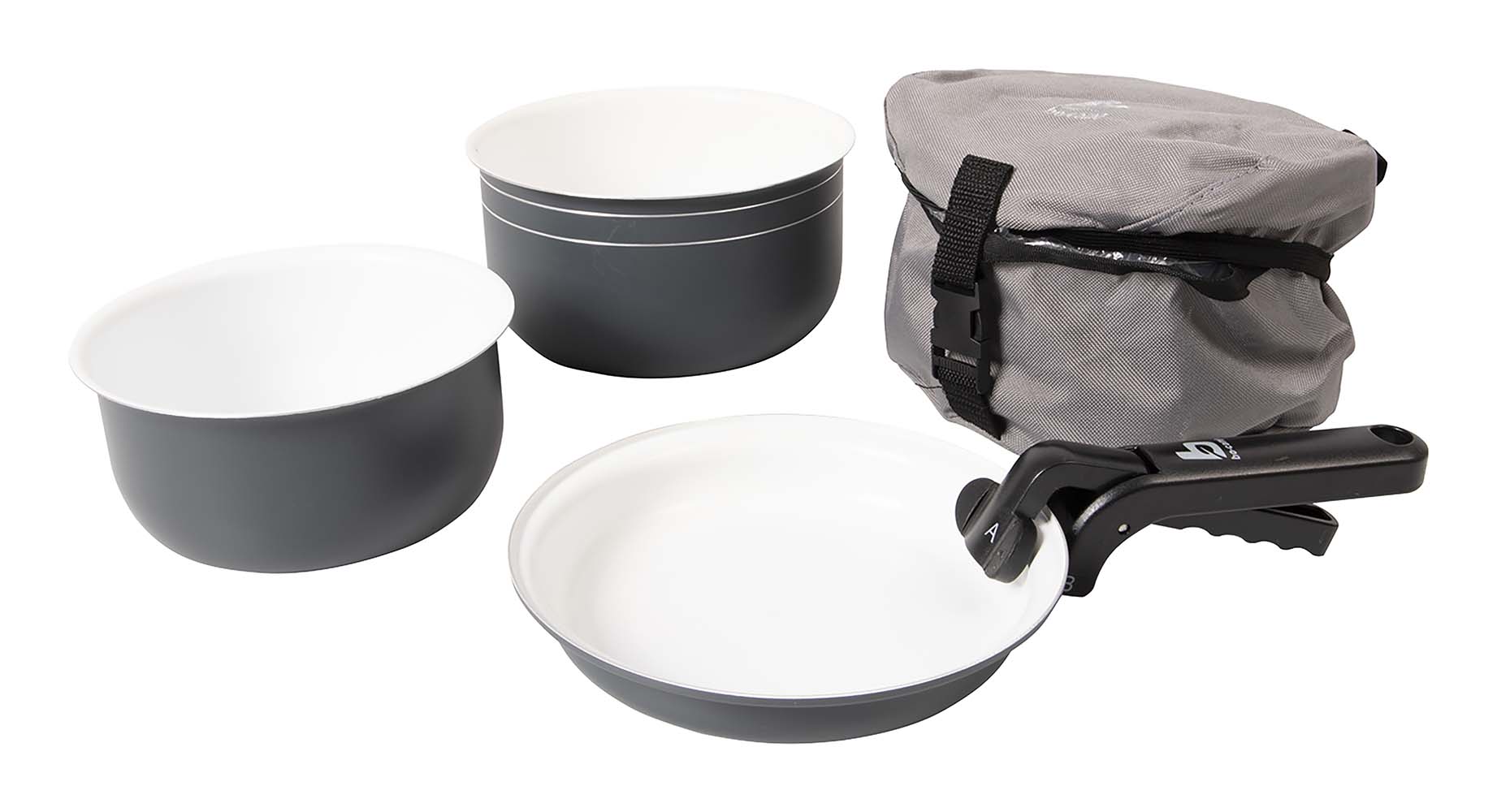 2300394 A stylish and very compact 5-piece cookware set. This complete lightweight set consists of 2 saucepans, 1 frying pan, a straining lid and a pan handle. These pans have a powder coating on the outside and a ceramic coating on the inside. The ceramic is very durable and has a high quality non-stick coating. Suitable for the following heat sources; gas, ceramic and electric. All parts can be compactly stored in the supplied luxury protective cover.
