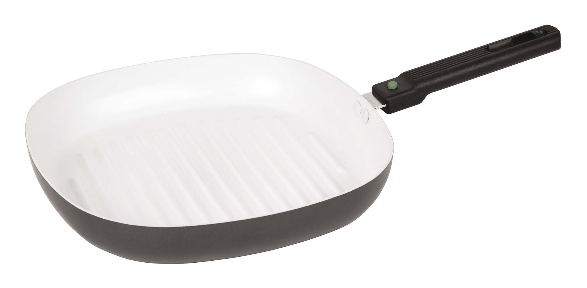 2304215 A compact grill pan with ceramic coating. This pan has a removable handle and therefore makes good use of space and is easy to take with you. Suitable for frying, but also suitable as an oven dish when the handle is removed. This pan comes with a scratch resistant non-stick layer. Thickness: 2.2 millimetres.