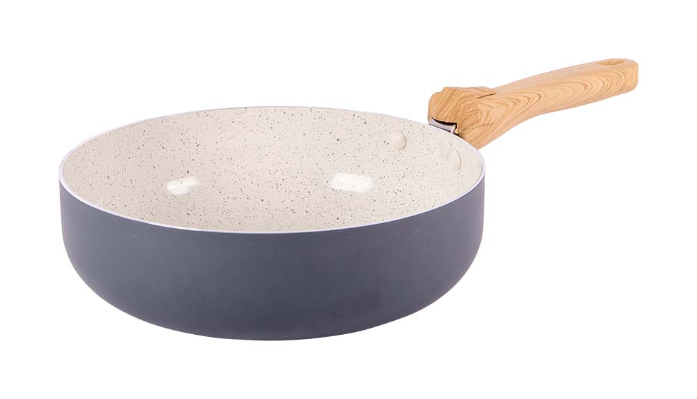 2304224 A stylish and compact sauté pan from the Urban Outdoor collection. The ceramic coating prevents sticking, is scratch-resistant, and easy to clean. Additionally, it promotes healthier cooking by requiring less fat for frying. Suitable for gas, ceramic, and electric heat sources. This pan has a removable handle, making it space-saving. Thickness: 2.2 millimeters.