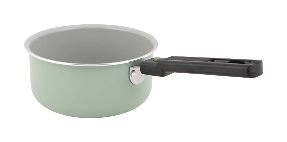 2304231 A compact and colorful saucepan with ceramic coating. The ceramic coating prevents sticking, is scratch-resistant and easy to clean. It is also healthier cooking, because less fat is needed to bake. Can be used for gas, ceramic and electrical heat sources. This pan has a removable handle and is therefore space-saving. Thickness: 2.2 millimetre