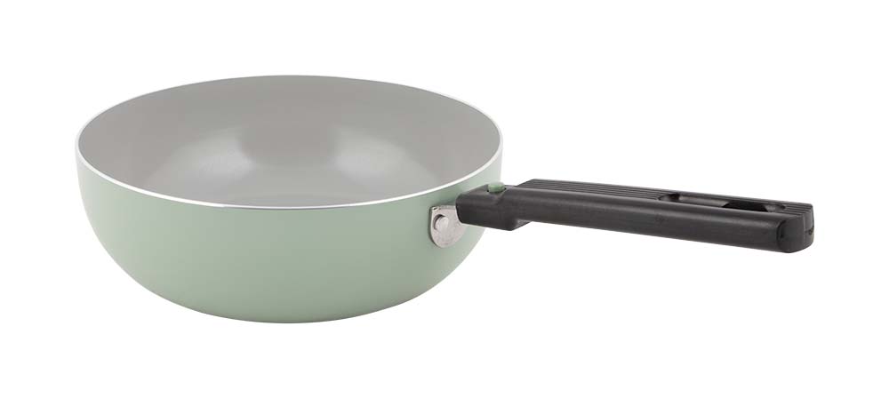 2304246 A compact and colorful wok pan with ceramic coating. Ideal for stir-frying meat, fish or vegetables. This pan has a removable handle and is therefore space-saving. The ceramic coating prevents sticking, is scratch-resistant and easy to clean. It is also healthier cooking, because less fat is needed to bake. Can be used for gas, ceramic and electrical heat sources. Thickness: 2.2 millimetre