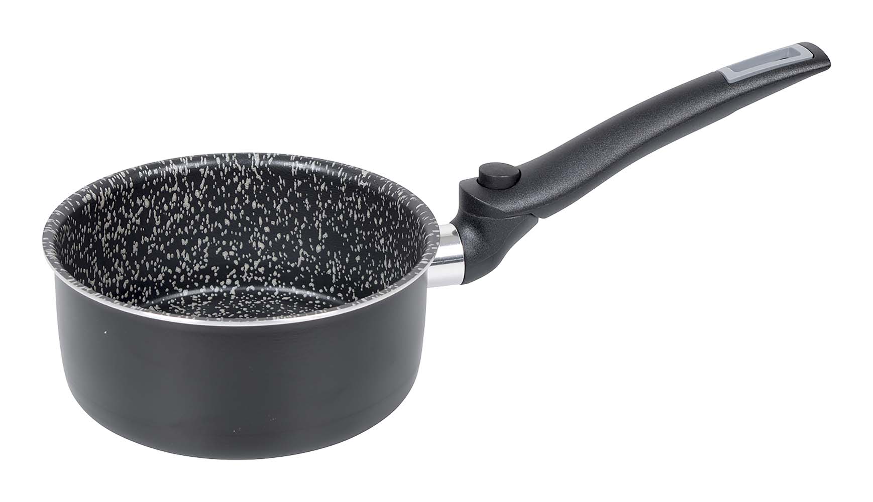 2304420 An aluminium saucepan with foldaway handle. Comes with a 5 layer Salus Stone coating and an anti-slip base. This pan has a foldaway handle and therefore makes good use of space and is easy to take with you. Thickness: 2.5 millimetres.