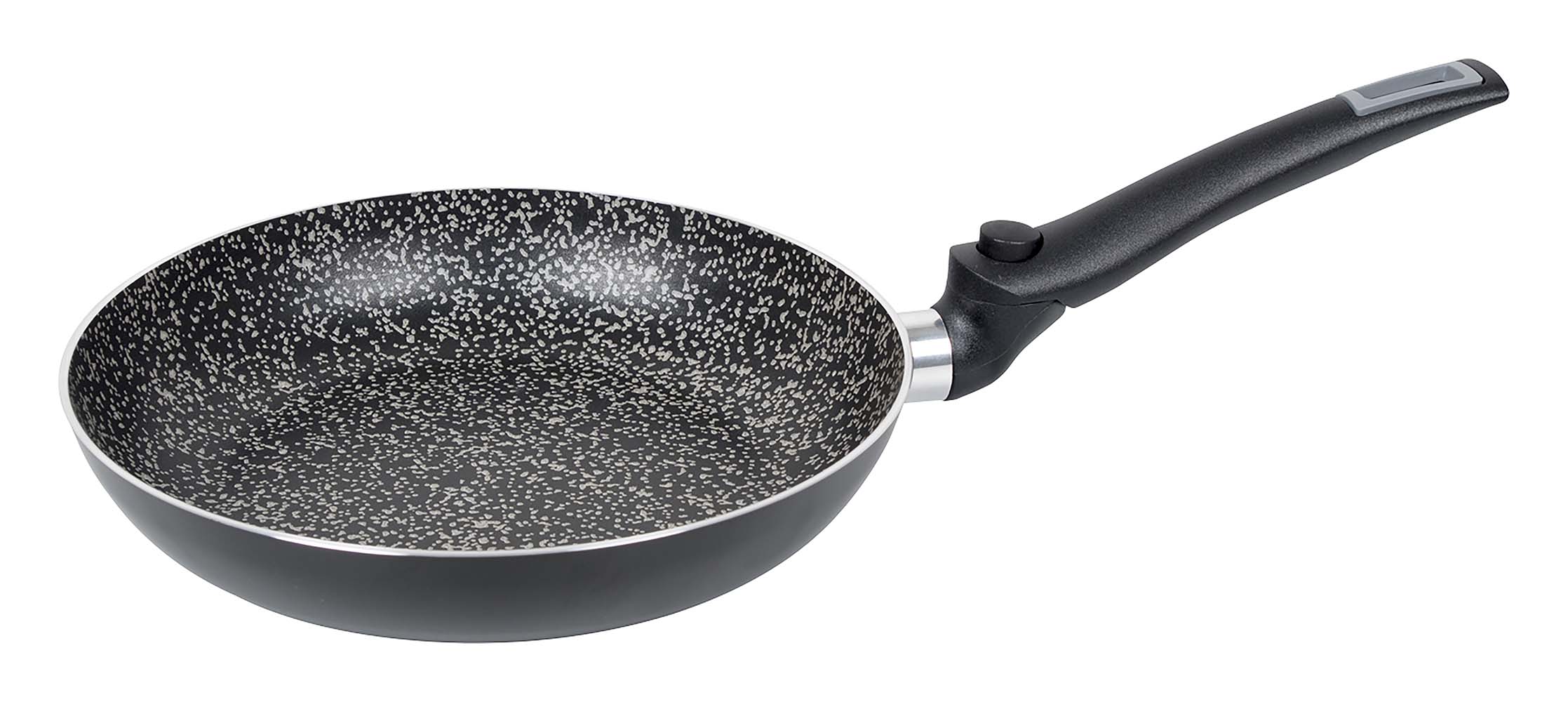 2304428 An aluminium frying pan with foldaway handle. Comes with a 5 layer Salus Stone coating and an anti-slip base. This pan has a foldaway handle and therefore makes good use of space and is easy to take with you. Thickness: 2.5 millimetres.