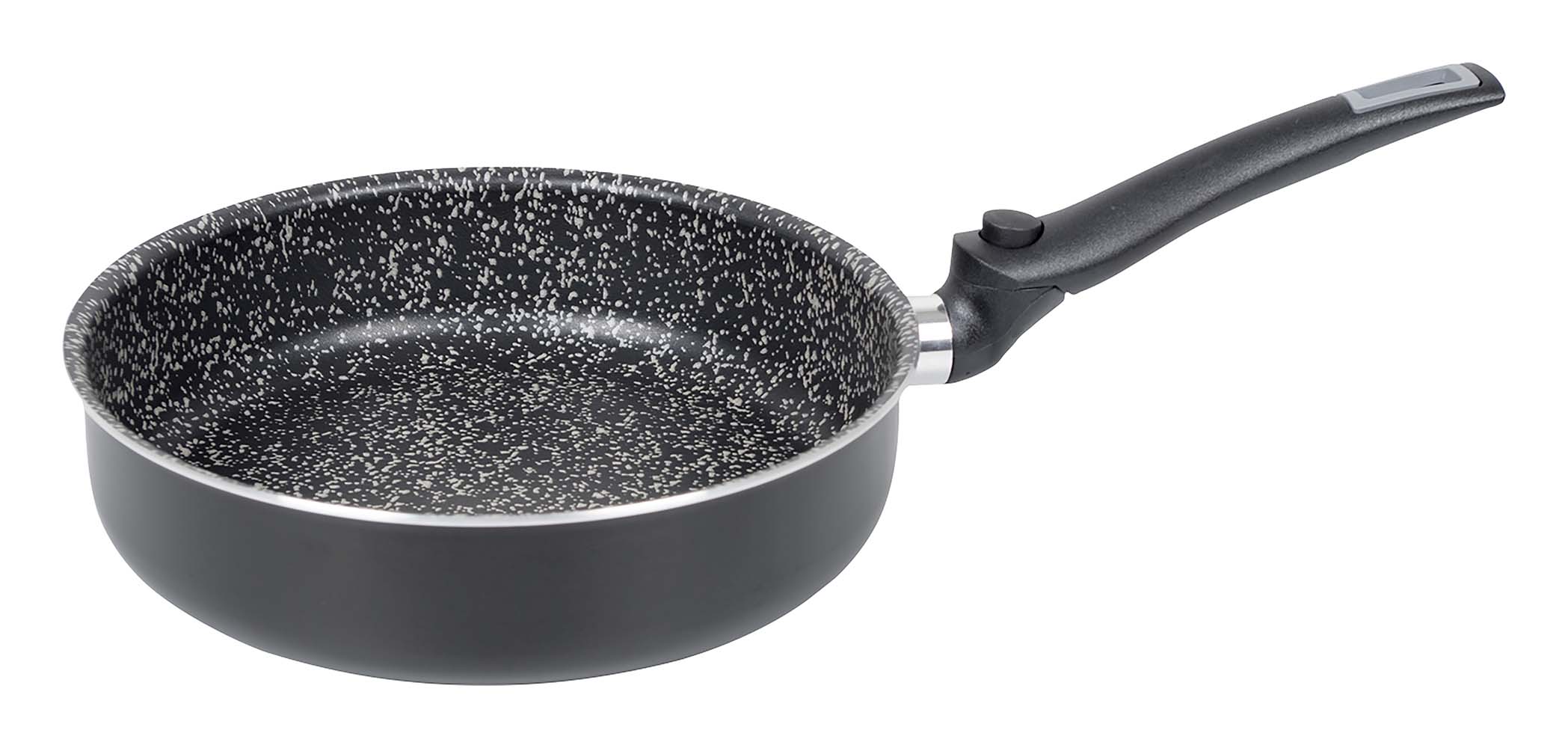 2304454 An aluminium sauté pan with foldaway handle. Comes with a 5 layer Salus Stone coating and an anti-slip base. This pan has a foldaway handle and therefore makes good use of space and is easy to take with you. Dishwasher safe and suitable for heat sources gas, ceramic,electric and induction. Thickness: 2.5 millimetres.