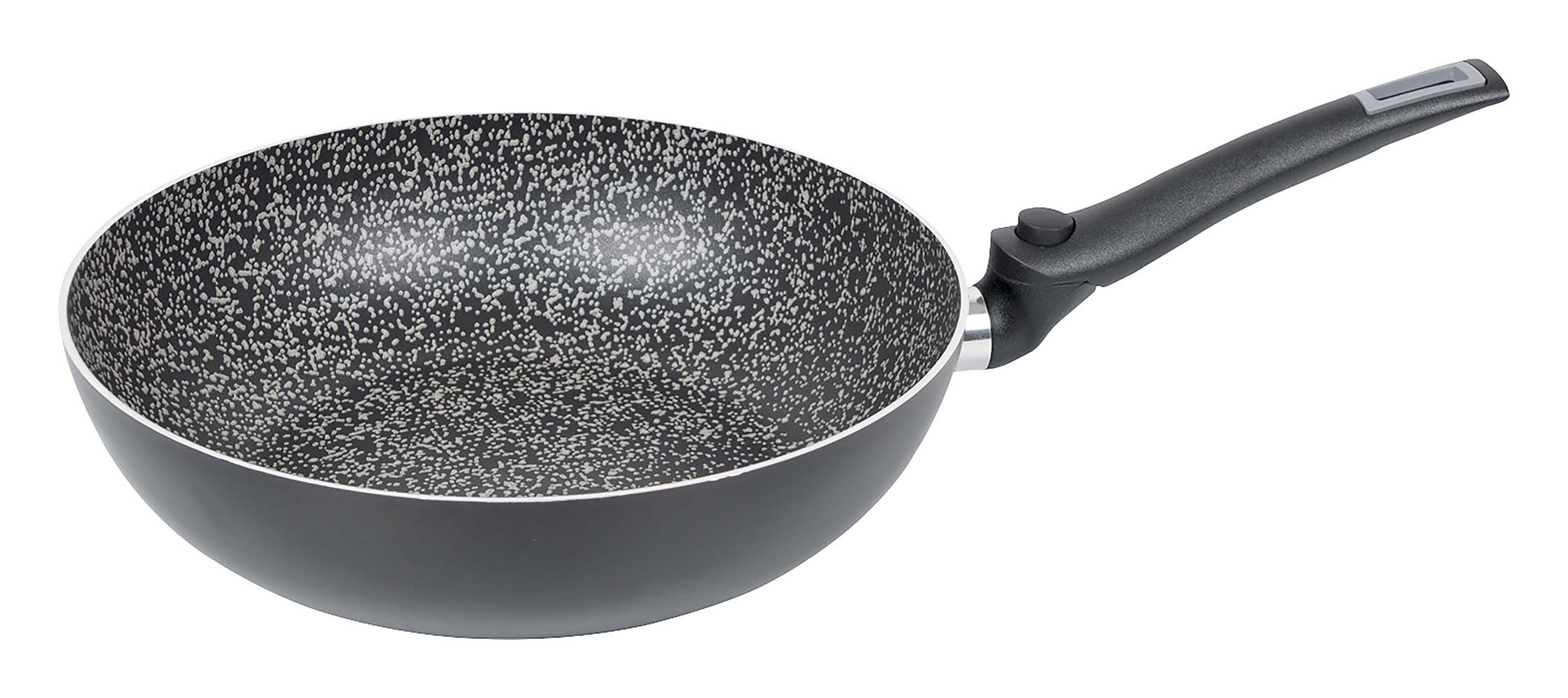 2304458 An aluminium induction wok with foldaway handle. Comes with a 5 layer Salus Stone coating and an anti-slip base. This pan has a foldaway handle and therefore makes good use of space and is easy to take with you. Thickness: 2.5 millimetres.