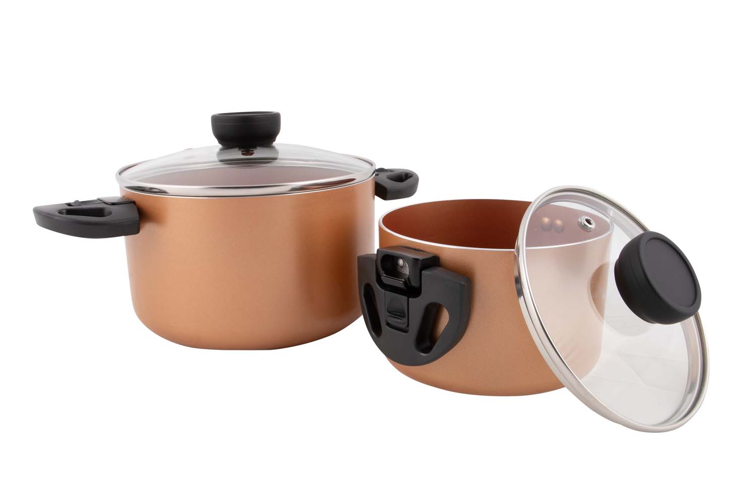 2304550 A bronze-colored 2-piece cookware set from the Industrial collection. The ceramic coating prevents sticking, is scratch resistant and easy to clean. In addition, it is healthier cooking because less fat is needed for frying. These cooking pans feature sturdy and heat-resistant fold-away handles. These handles can be easily folded down after use so the pans are fully nestable and compact for storage. The pans also feature a heat-resistant knob on the glass lid. For use on gas, ceramic, electric and induction. Dimensions (Øxh): 14x8 (1.2 L), 18x11 (2.8 L)