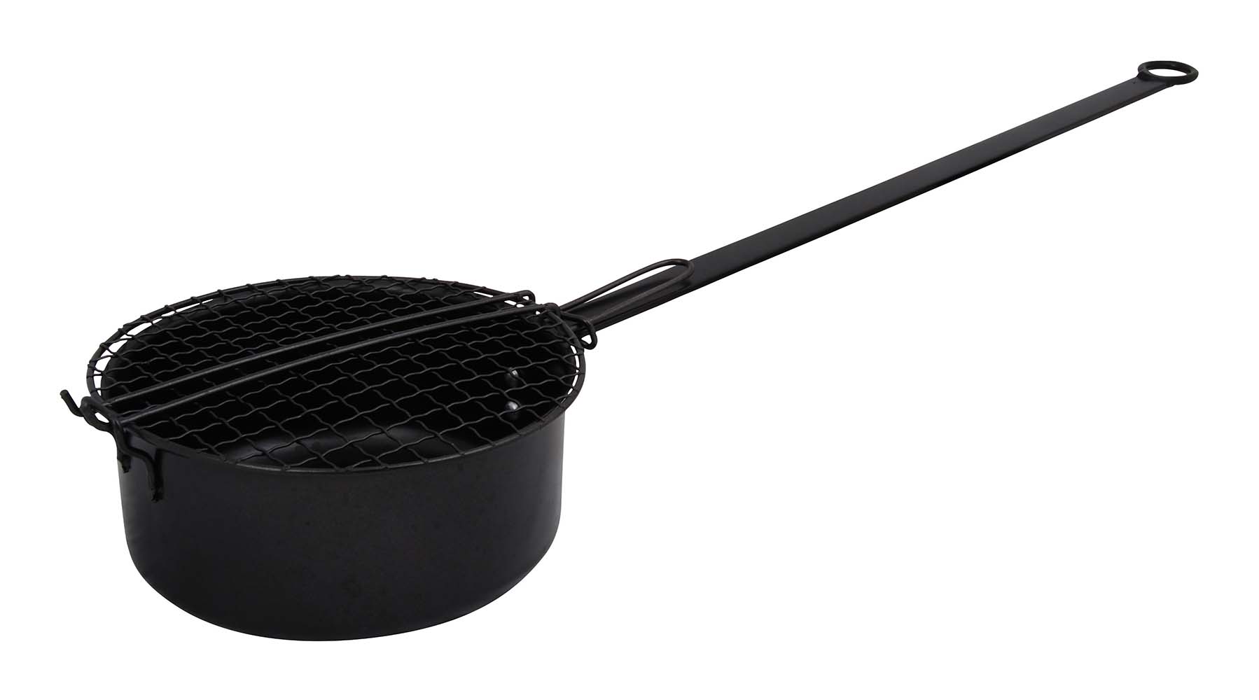 2305100 A popcorn pan especially for outdoor use. With an extra long handle so that the pan can be used over an open fire at a safe distance from the flames. Made of steel especially for outdoor use. Easy to hang using the eyelet at the end of the handle.