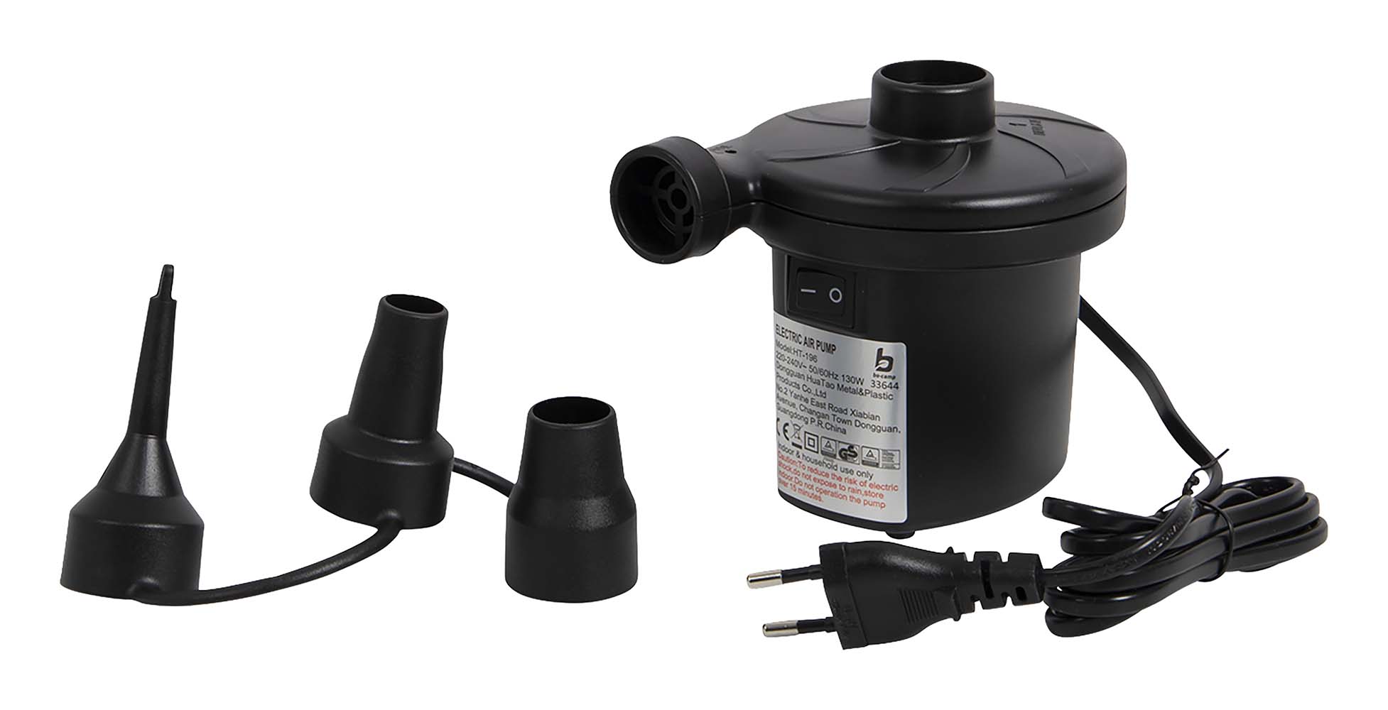 3807174 An electric pump for inflating and deflating an air mattress, inflatable boat, toys, etc. Suitable for a 230 Volt connection. This pump has an air flow of 450 litre per minute. Comes complete with reducers.