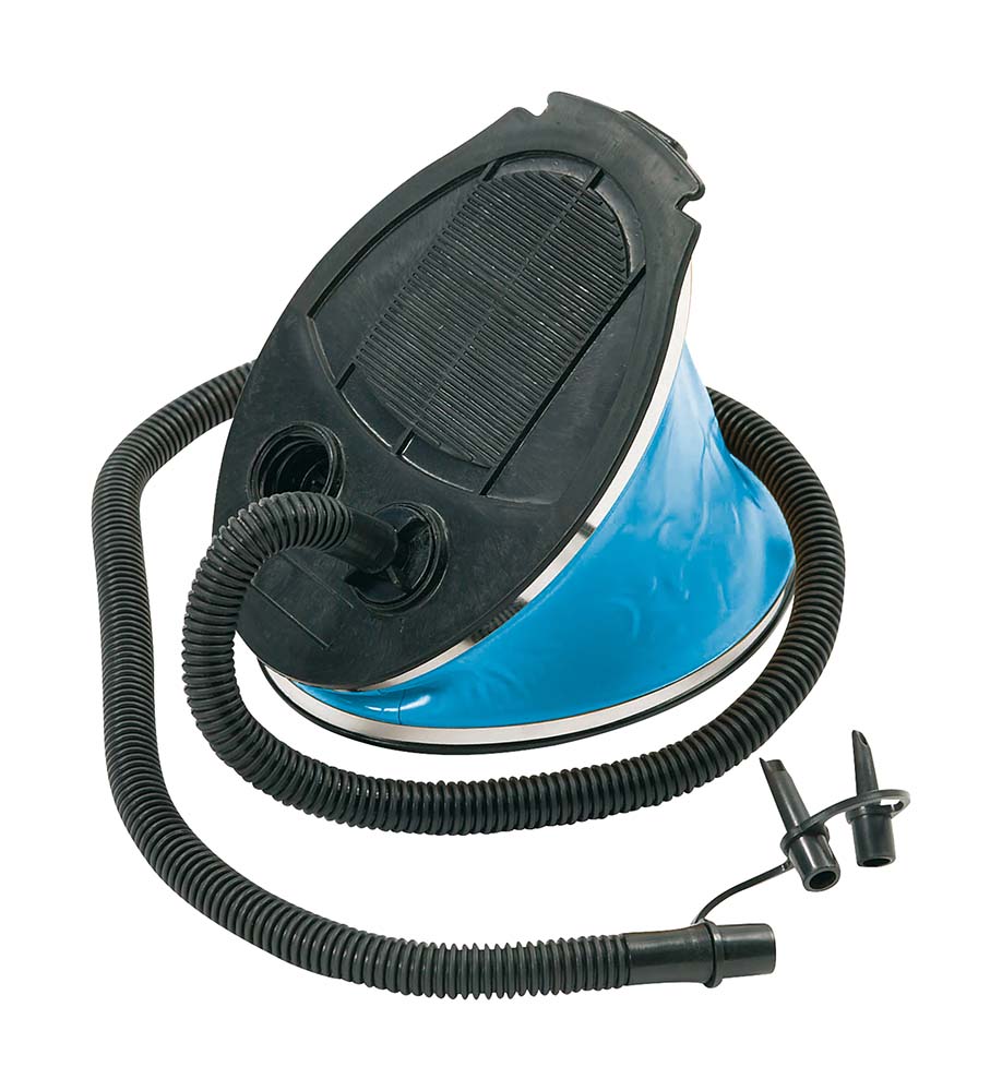 3807706 A 5 litre foot pump. For inflating and deflating an air mattress, inflatable boat, toys, etc. Specially designed so that this pump does not beep during inflation. Including 3 reducers.