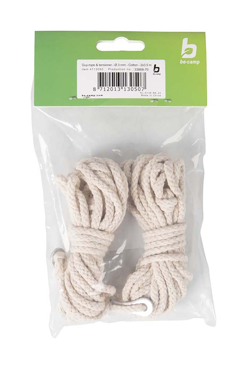 4113050 A set of 2x 3.5 meter guy rope with 2 tensioners. The guy rope is made from natural cotton. Prevents spores and/or spots on the tent. Easy to tighten due to the 2 accompanying aluminium tensioners.