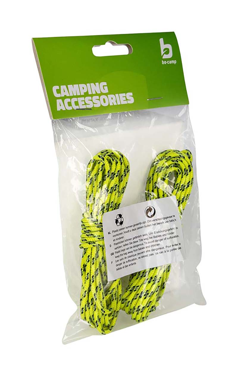 4113080 "A set of 2x 3.5 meter reflecting guy rope with 2 tensioners. The woven cord with a combination of fluorescent yellow, reflective wire and black ensures high visibility. This reduces the risk of falling or stumbling. Made of strong durable nylon Doesn't shrink or stretch under the influence of rain and/or sun Easy to tighten due to the 2 accompanying aluminium tensioners."