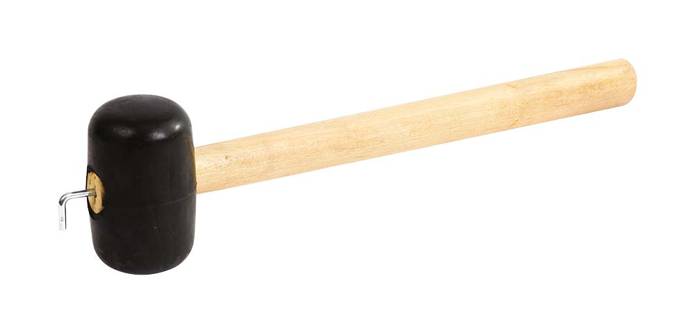 4114775 Een stevige rubber hamer. Voorzien van een houten steel, met op het uiteinde een sterke haringtrekker.