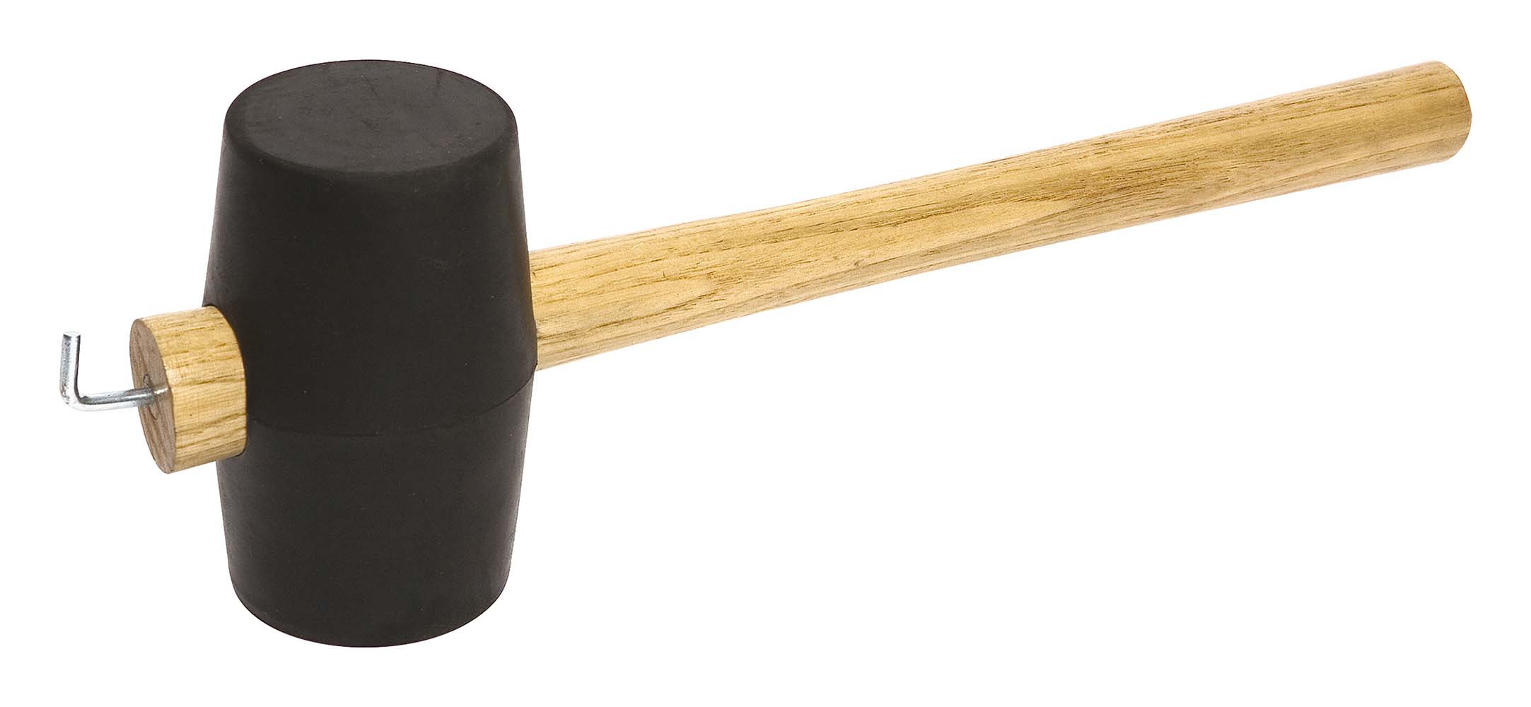 4114776 Een stevige rubber hamer. Voorzien van een houten steel, met op het uiteinde een sterke haringtrekker.