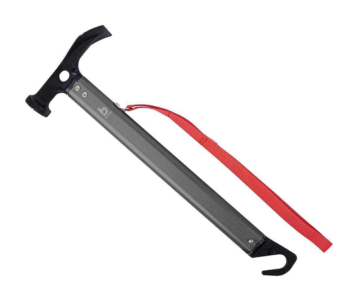 4114860 A sturdy steel hammer. Fitted with an aluminium handle, with a strong peg puller at the end. The hammer has a suspension cord which can also be tied around the wrist.