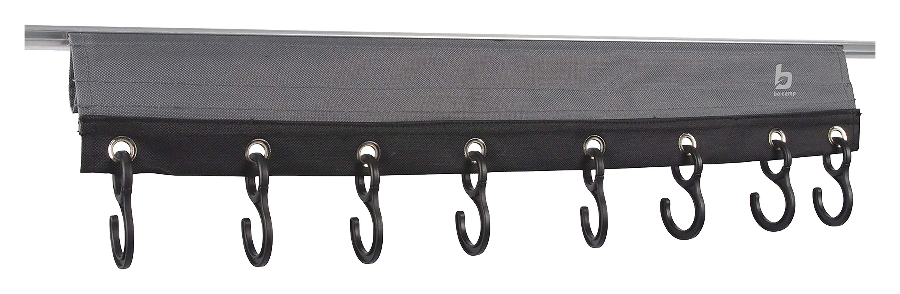 4115085 A universal coat rack with 8 hooks. Can be mounted simply with velcro to the ridge pole or with a string to a caravan rail. Suitable for a tent pole with maximum width of 40 millimetres