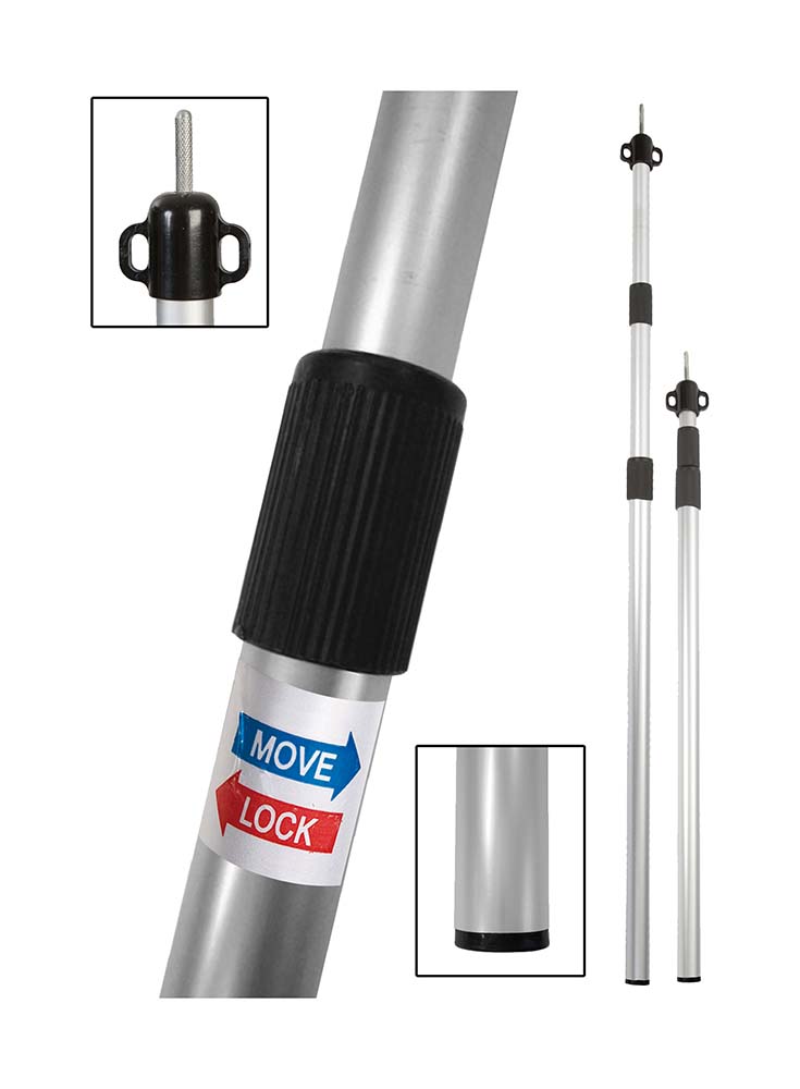4115506 Universal telescopic tension pole. Prevents folds in the roof by tensioning the front tent or awning. Can also be used as standing tent pole or tarpaulin pole. This 3 part pole is height adjustable from 106 to 280 centimetres. With a short pole point with non-slip profile. Diameter pole parts: 22, 25 and 28 millimetres.