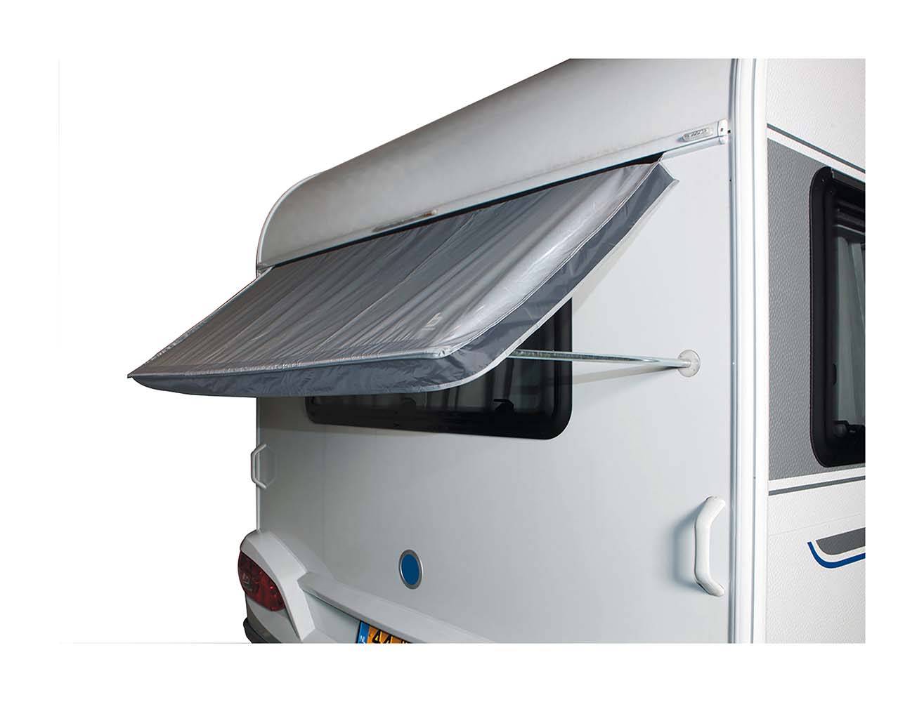 4117730 A handy awning for a caravan window. Keeps the sun and warmth outside the caravan. This caravan window awning can be attached with a string to the caravan rail and features suction cups on the galvanized steel frame for fixing to the caravan. With side flaps and tensioning points at the bottom corners. This fabric has a PU coating with a water column of 2000 mm.