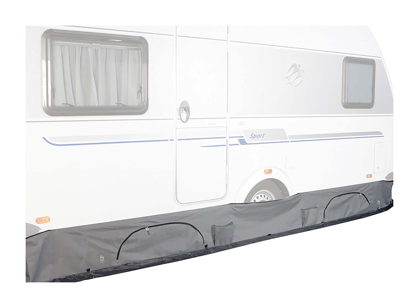 4117740 Draft strip with a string for the caravan. This draught strip has two mesh storage compartments and two large storage bags which are lockable with a zipper. The draught strip has eyelets and loops through which the draught strip can be properly tensioned under all caravans. Suitable for all caravans between 4 and 6 meters because the draught strip can easily be folded out from 4 meters, per 0.5 meters, to 6 meters. The height is 52 centimetres of which 14 centimetres is waterproof 190T polyester with a PU coating (water column: 1500 mm). The other fabric is the luxury 300 denier PVC coated polyester.