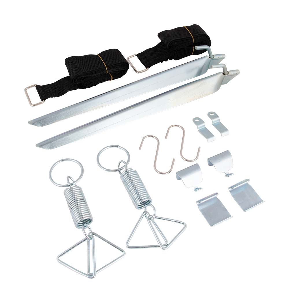 4163740 A universal storm belt set for both cassette awnings and pocket awnings. Fits all awnings of all well-known brands. The set consists of 2 nylon straps, 2 springs, 2 storm pegs and 6 steel hooks (2x 1.5 cm, 2x 2.5 cm and 2x 3.5 cm).