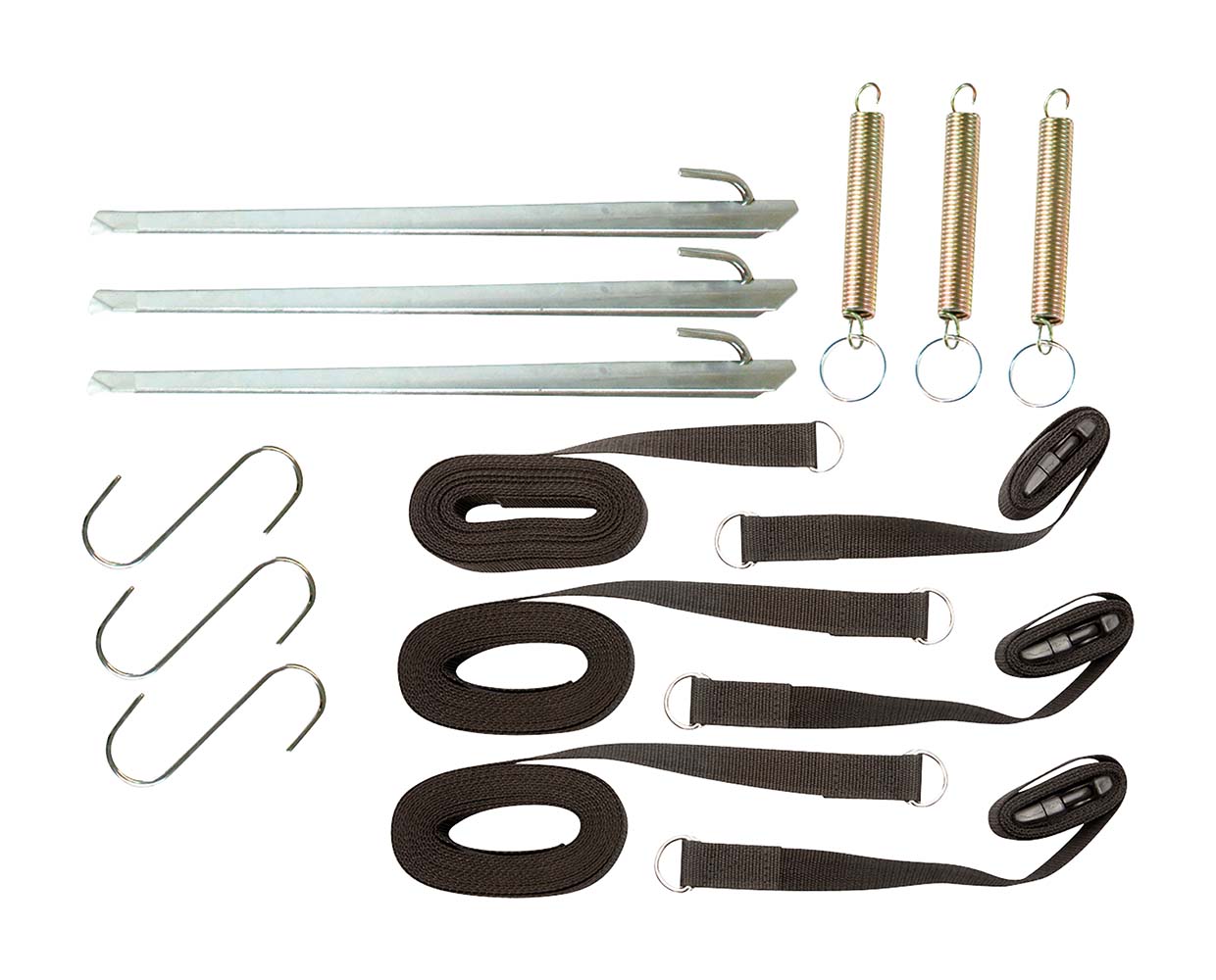 4163764 A complete storm line set. These storm straps are universally usable. Can be fixed to the top of a tent pole or to a tent pole or tent clip by means of the s hooks. Set consisting of 3x storm straps (each consisting of 2 parts), 3x storm pegs, 3x springs and 3x s-hooks. The 2 parts of a storm strap are easy to connect and then tighten due to the buckle.
