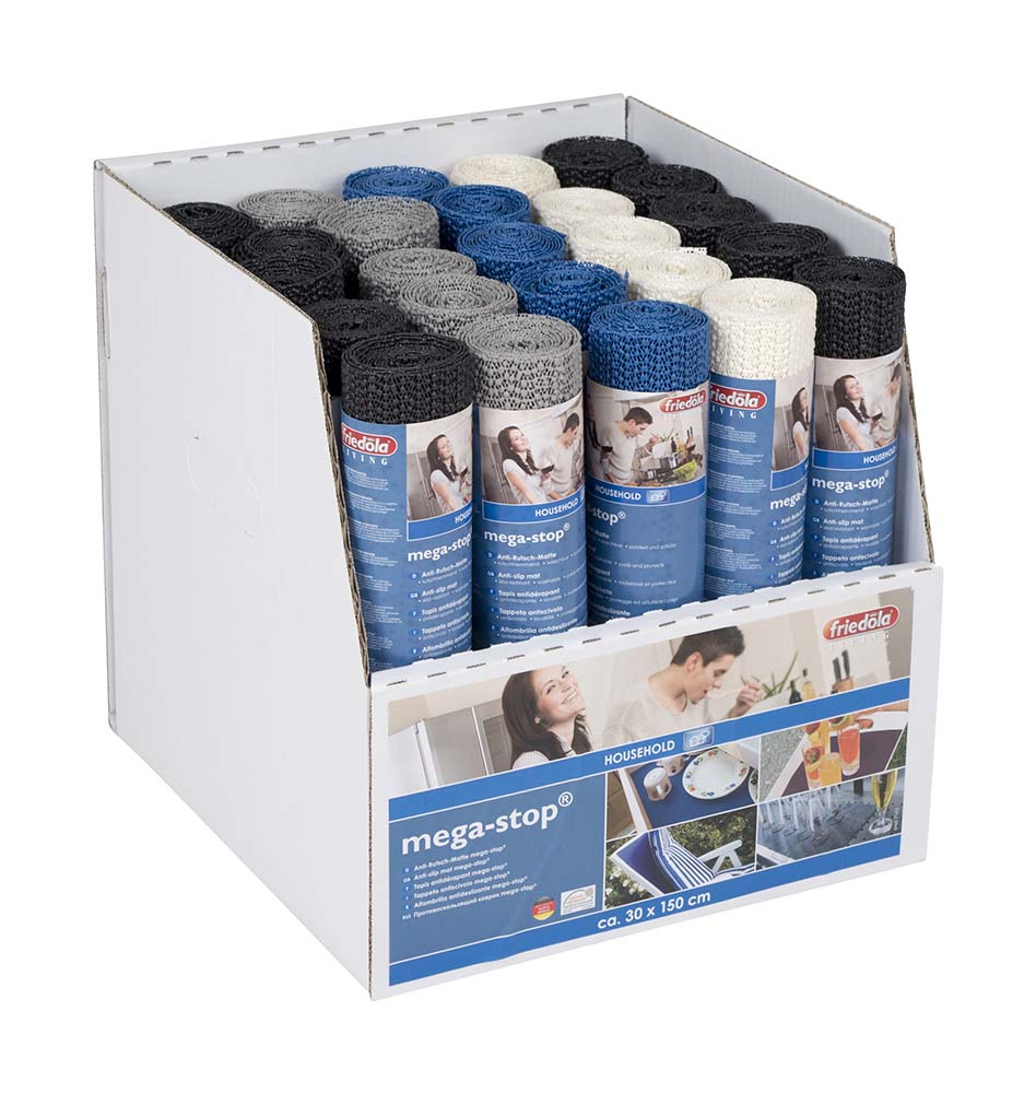 4209459 A 25 part display with Megastop. Contains 25 Mega-stop rolls of 150x30 centimetres in the colours black, grey, taupe, blue and white. A multi-functional anti-slip mat. Keeps any items in position. The mat can be used under caravan pillows, sleeping mats, table cloths, carpets or cutler/crockery in the kitchen cabinets. This handy mat is easy to cut to size without any fraying. Price per display, recommended price per roll.