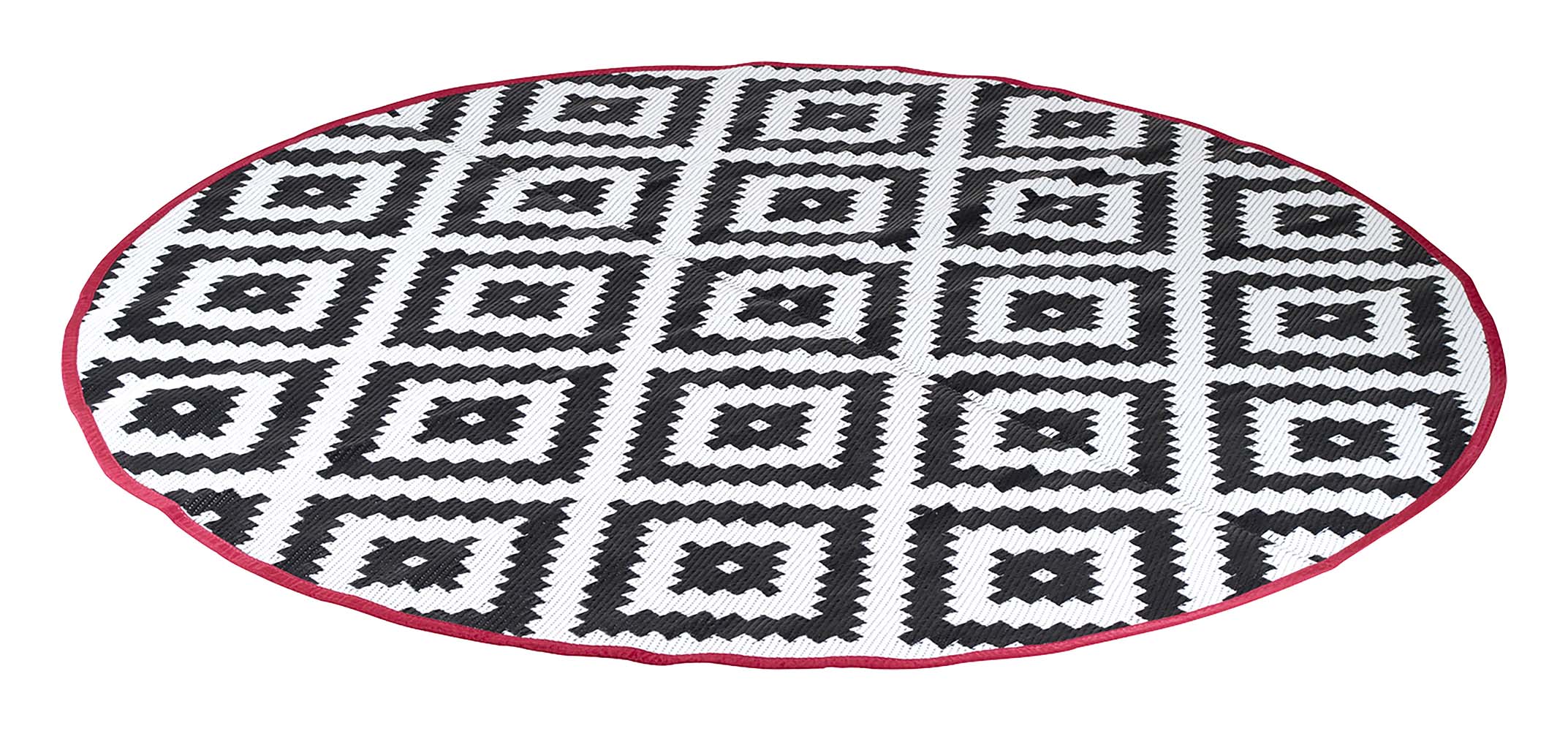 4271100 A very trendy round rug with a 2 metre diameter.  Reversible and decorated on both sides. This rug is waterproof and antifungal so also ideal as a picnic blanket, in the (front) tent, under the awning, on the beach, in the garden or in the park. Made of a high quality and lightweight 100% polypropylene (380 gr/m²). In addition, this rug has an extended lifespan due to the UV treatment. Comes in a handy carrier bag.