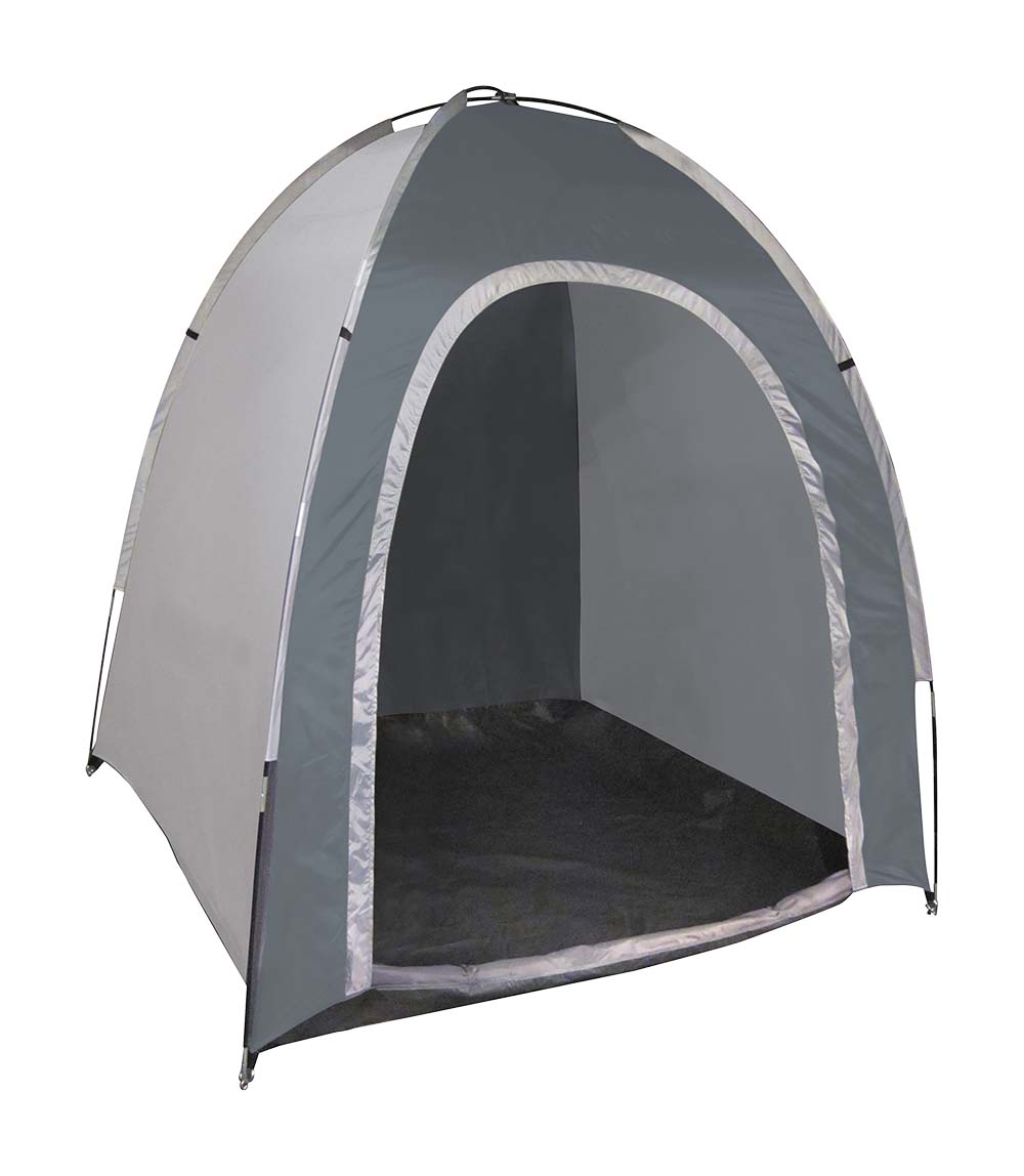 4471920 A spacious storage tent. Ideal for storing bicycles, storing stuff, as dressing room or as kitchen. A multifunctional tent that is compact to carry and easy to set-up. This storage tent is made from sturdy polyester with a waterproof PU coating (water column of 1000 mm) and a water proof ground sail (water column of 600 mm). The tent poles are made from 8.5 mm fibre glass and the roof has taped seams. The tent comes complete with guy ropes, pegs and a transport cover.