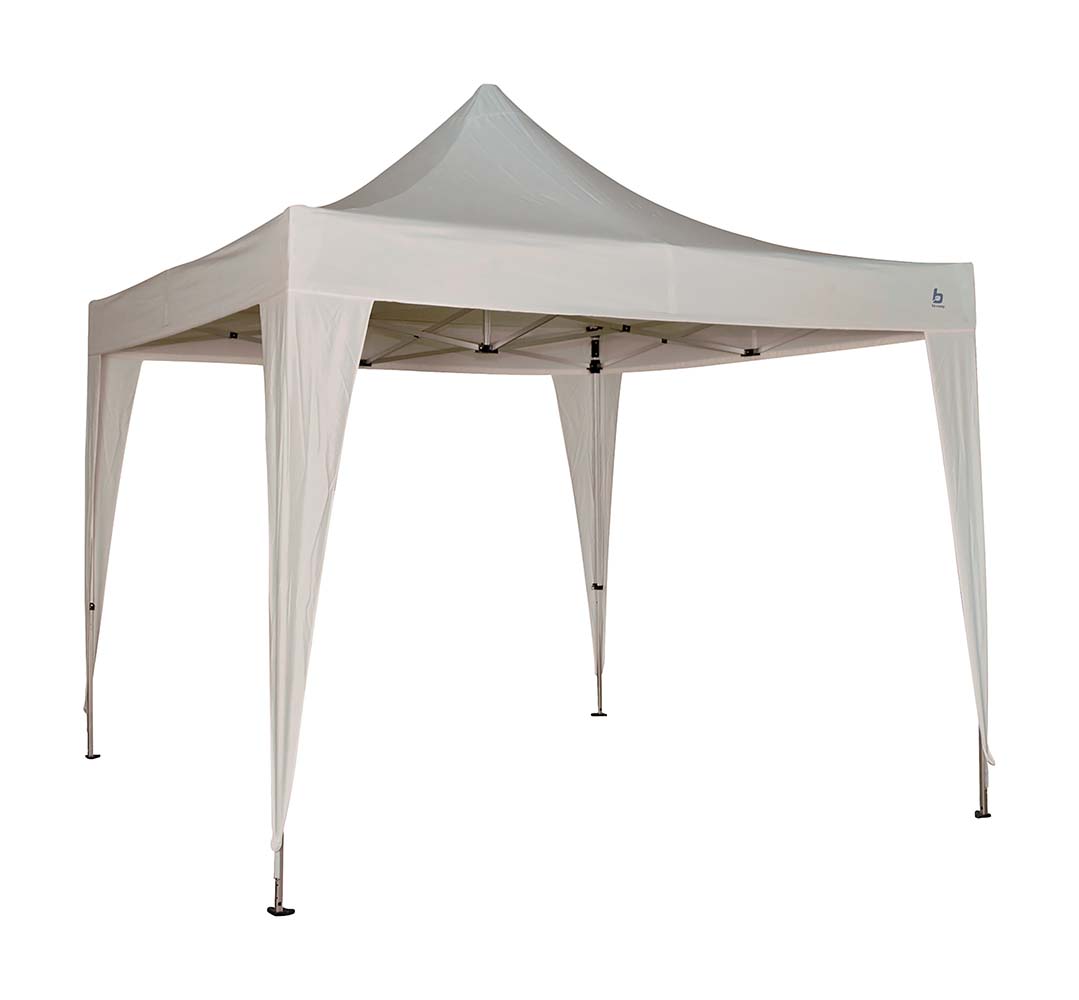 4472100 An extremely light and compact folding party tent. This party tent is very easy to assemble and disassemble. This, without removing the canvas! Height adjustable between 220 and 240 centimetres. Equipped with a sturdy and lightweight aluminium frame and a 300 gr/m² polyester cloth with water proof coating and taped seams. The party tent can be extended with various side walls. Dimensions packed (LxWxH): 25x27x159 cm. Dimensions of legs: 29x29 / 24x24 cm. Wall thickness of legs: 1.7 mm. Dimensions of roof frame: 12x25 cm. Wall thickness of roof frame: 1 mm.
