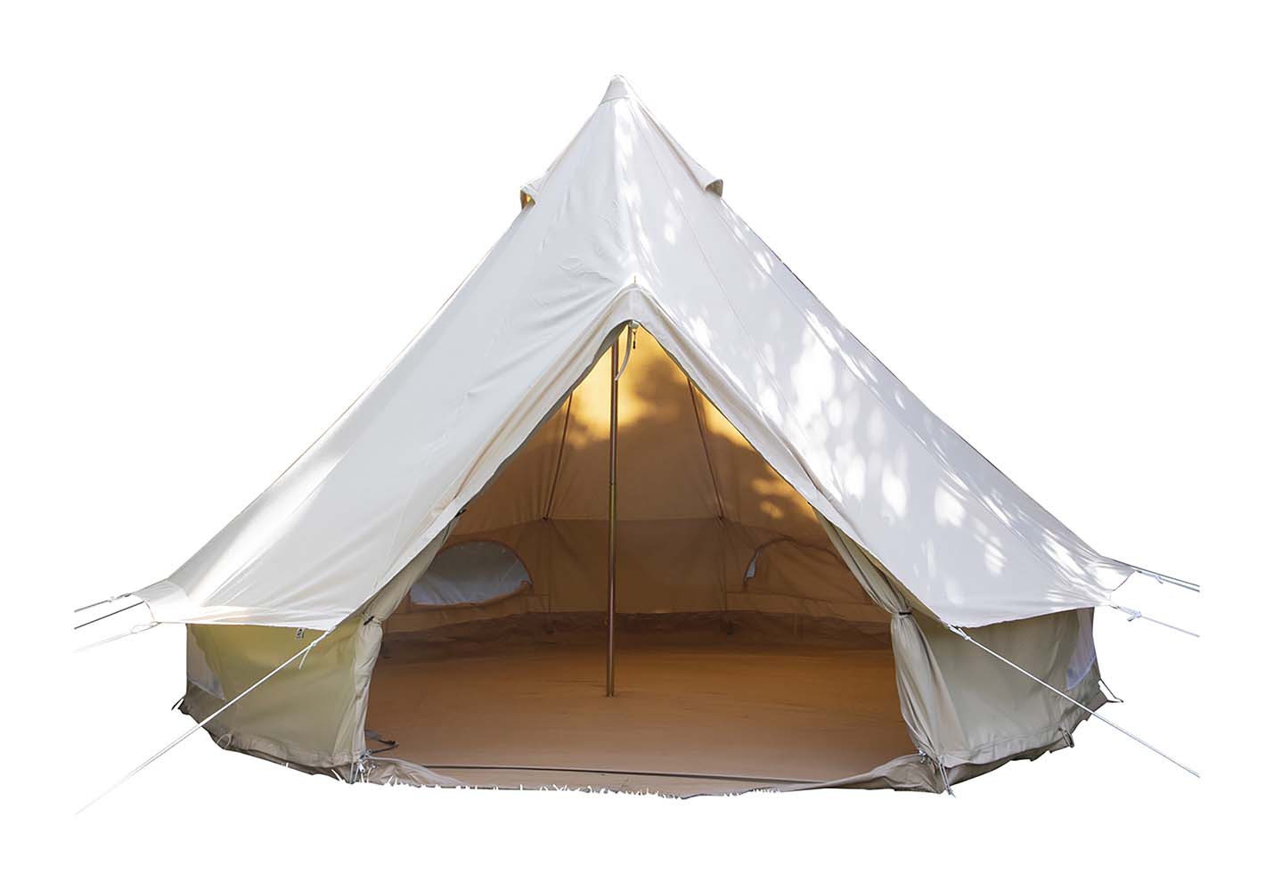 4472500 A classic Bell tent. An extremely popular Sahara tent with a large floor area and high ease of use. The diameter of this tent is 4 meters and the ridge height is 2.5 meters. This makes the tent suitable for up to 6 people. Made from high quality canvas, 100% cotton (285g/m²), and a 540 gram PVC groundsheet. Both are water resistant, rot and mold resistant. The groundsheet is fully removable by means of a zipper. In addition the sides can be rolled up completely to a height of 60 cm for extra ventilation. Moreover, there are several windows in the sides. The entrance has a double door, 1 cotton door and 1 cotton mesh door (against insects). Comes with strong pegs, guy ropes and a handy storage bag. In short, a decent and stylish tent for years of enjoyment!