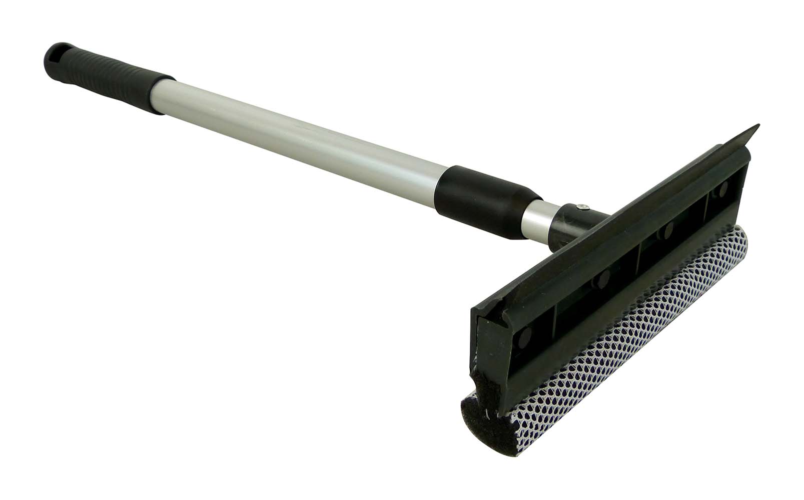 5150507 A squeegee with a telescopic handle. This squeegee has an insect sponge and a rubber wiper. Both have a length of 20 cm. The handle is telescopically adjustable from 40 to 70 cm.