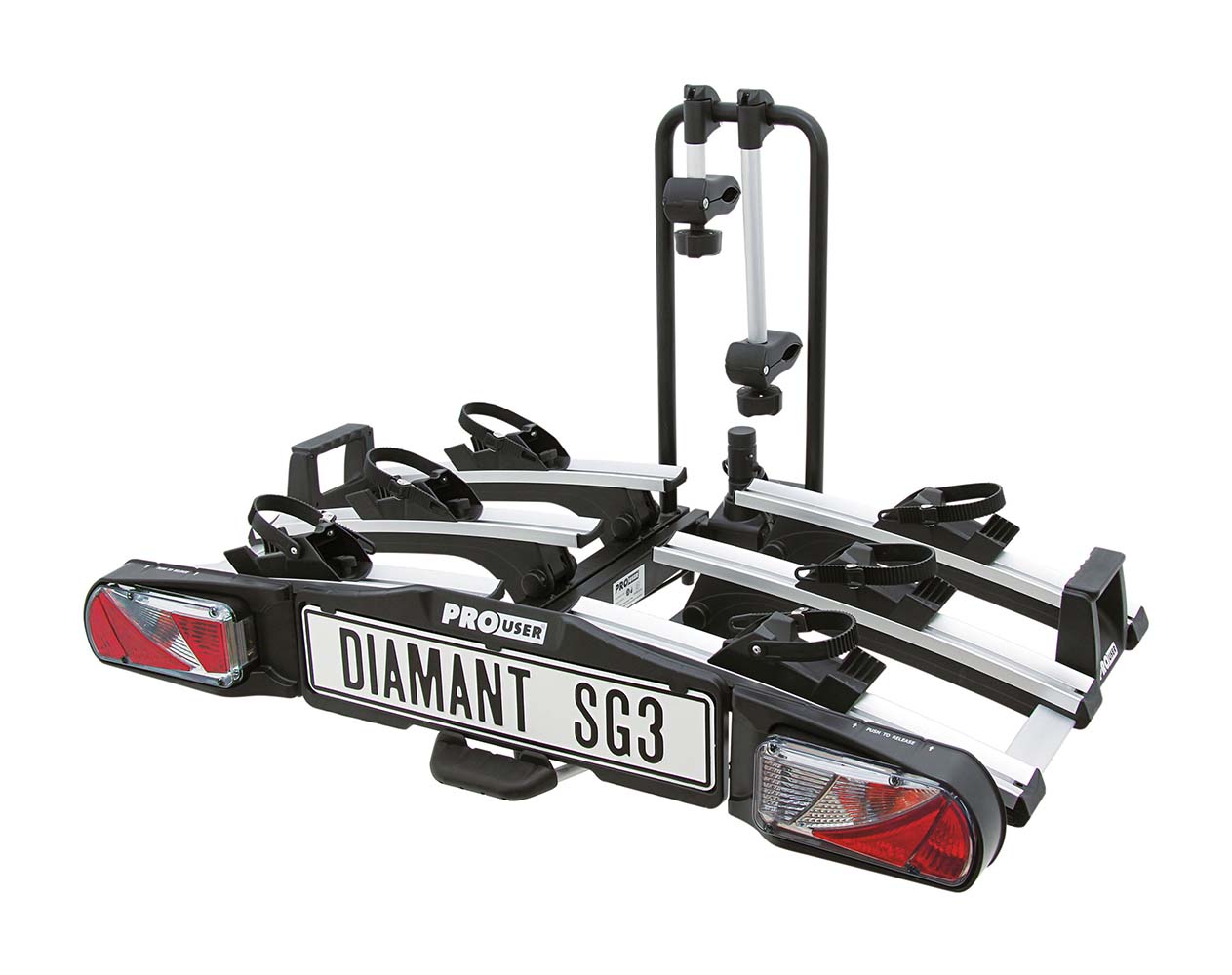 5191735 An extremely user-friendly and modern cycle rack for transporting 3 bikes. Suitable for nearly all tow bars, all bikes (including e-bikes) and all tyre sizes. An ingenious folding system makes the cycle rack extremely easy to carry, store and mount on a tow bar. The boot is still accessible thanks to the easy to operate tilting mechanism on the cycle rack. This makes the cycle rack easy and quick to unlock using a foot pedal. The bikes stand in a wide wheel cradle, with a frame lock with flexible lockable and removable frame holders. After use, this cycle rack can be folded extremely compactly and stored in the storage cover supplied. The connector for the lights works using a combined 7 and 13 pole (Jaeger) plug (including rear mist light and reverse lighting). Has European Type Approval granted by the RDW (Dutch Vehicle Authority). Maximum load bearing capacity: 60kg.