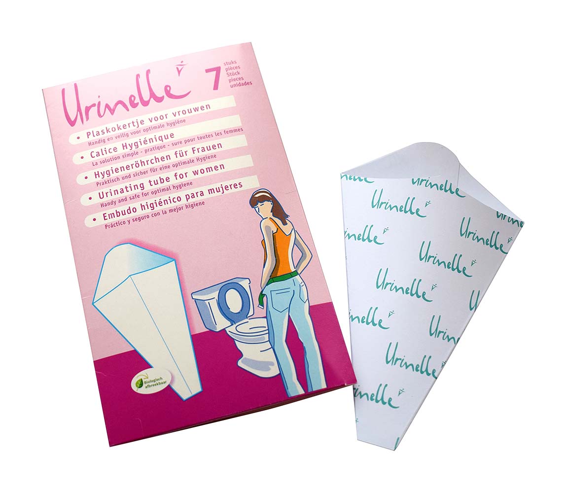 5232900 A Urinille pee tube. Makes it possible for ladies to urinate hygienically while standing This is among other useful for outdoors where hygiene is often lacking, the Urinelle also protects the bladder against irritations. The pee tube is compactly packed and therefore easy to carry. Urinelle is made from natural resources and 100% biologically degradable. Available in a packaging of 7 pieces or per piece in a display of 60 pieces.