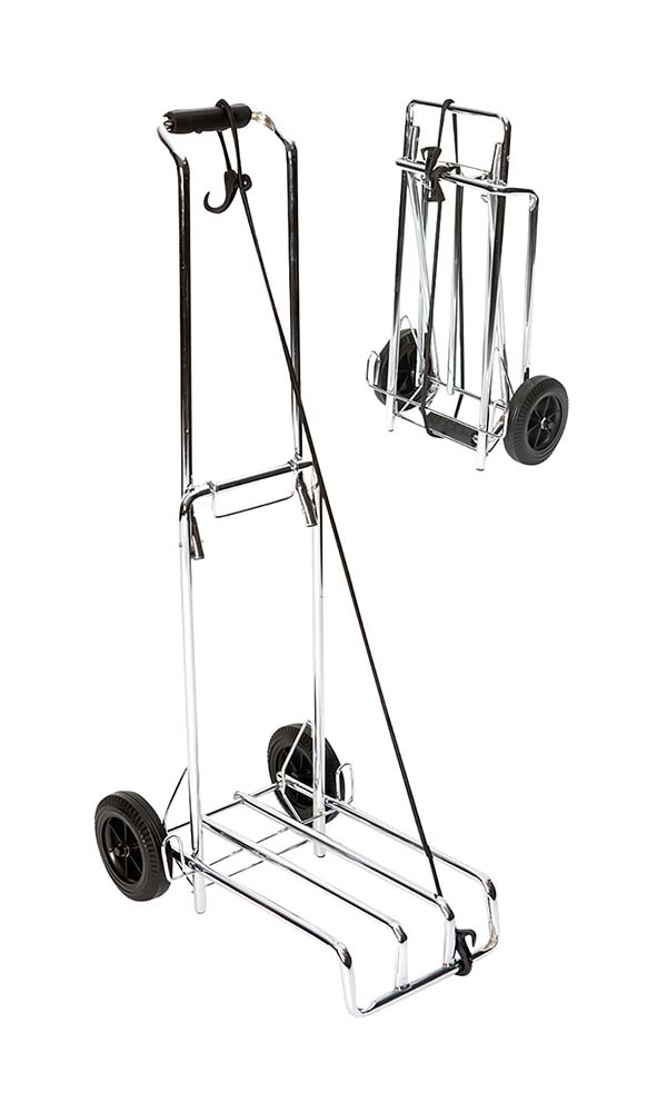 5267279 A sturdy folding trolley. This baggage trolley has extra large wheels (Ø 14,5 centimetres) whereby it also works well on unequal surfaces. Ideal for transporting various articles such as bags, a waste water tank, a jerry can, folding crates, etc. After use the trolley can be stored easily and compactly. The maximum load weight is 40 kilograms. Including plastic rope Folded up (LxWxH): 57x35x16 centimetres.