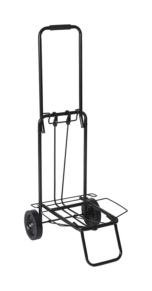 5267281 A folding trolley. This baggage trolley has extra large wheels (Ø 14 centimetres) whereby it also works well on unequal surfaces. Ideal for transporting various articles such as bags, a waste water tank, a jerry can, folding crates, etc. After use the trolley can be stored easily and compactly due to the folding step,  handle and support. The maximum load weight is 35 kilograms. Including plastic rope. Folded up (LxWxH): 74x48x14 centimetres.