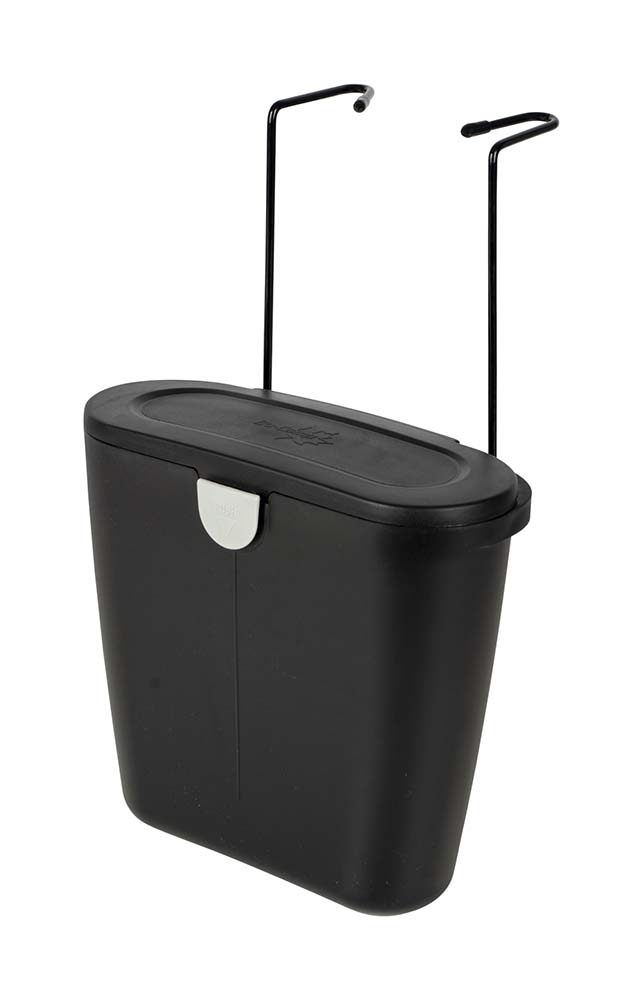 5329993 A very compact rubbish bin. Can be used on the back of a chair in the car (including brackets) or mounted in a caravan kitchen cabinet (excluding brackets, sold separately). The waste bin is closed with a lid.