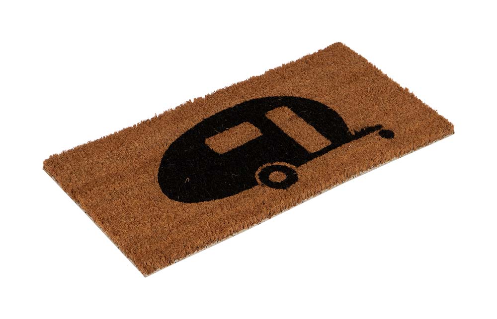 5388046 An environmentally friendly coconut doormat. This doormat is made from 100% natural coconut fibre, with a fun print for at the camp-site. The coconut fibres ensure that this mat is rot and fungus resistant. Due to its dimensions this doormat is ideal for use in the door opening of a caravan or camper.