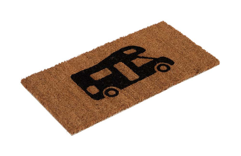5388047 An environmentally friendly coconut doormat. This doormat is made from 100% natural coconut fibre, with a fun print for at the camp-site. The coconut fibres ensure that this mat is rot and fungus resistant. Due to its dimensions this doormat is ideal for use in the door opening of a caravan or camper.