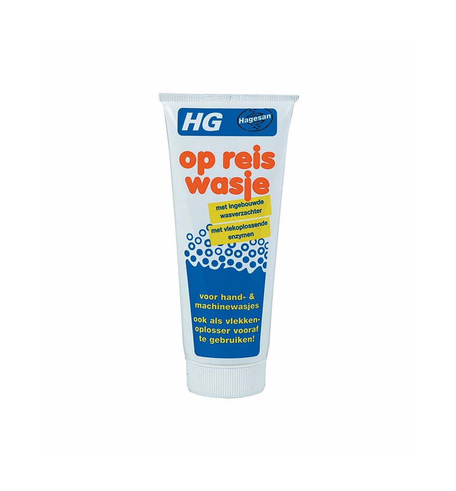 5612001 HG Op Reis Wasje (HG on the go wash) is the ideal travelling detergent. This handy and compact tube contains a detergent with fabric conditioner. Due to the addition of enzymes HG Op Reis Wasje can also be used as stain dissolver to remove stains. HG op reis wasje is pH neutral and contains no bleach or phosphates.