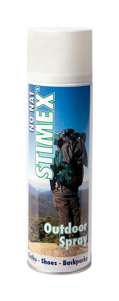 5612720 A maintenance agent for fabrics. Stimex Outdoor Spray provides an exceptionally good result in the impregnation and maintenance of the outer fabric of clothing made of breathable fabrics. This spray is silicone-free and therefore does not affect the breathability. The outer fabric is also protected long-term against dirt and moisture. Can be used for all outdoor clotes (fleece, Gore-Tex, Sympatex) and shoes.
