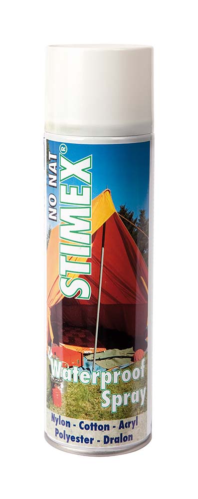 5612750 A water proof spray. Stimex Waterproof is an extra concentrated textile coating in a handy spray. This vial preparation is ideal for the waterproofing of tents, awnings, boat sails and other substrates of dralon, cotton, acrylic, polyester and nylon. Due to the special composition Stimex Waterproof is permanently elastic and breathable. This waterproof spray can also be used on moist tissue. Suitable for 5-7m².