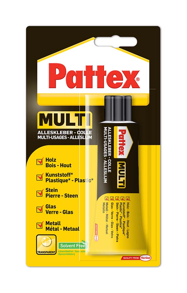 5712173 Extra strong Pattex Multi purpose glue Transparent, leaves no glue marks and is therefore most suitable for transparent surfaces or coloured materials. Thanks to a shorter drying time, the product can be used quickly and flexibly. This adhesive can be best used indoors, attaches quickly and is heat resistant.