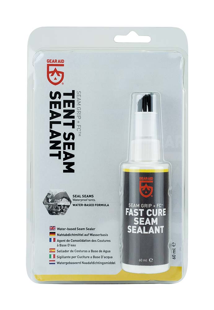 5713049 A seam sealant suitable for almost all materials. This water based kit is easy to distribute over large areas with the handy brush. After application the formula dries quickly, is almost invisible, remains flexible and is odourless. Ideal for tents, tarpaulins, rainwear, bags, ground and tarpaulin covers.